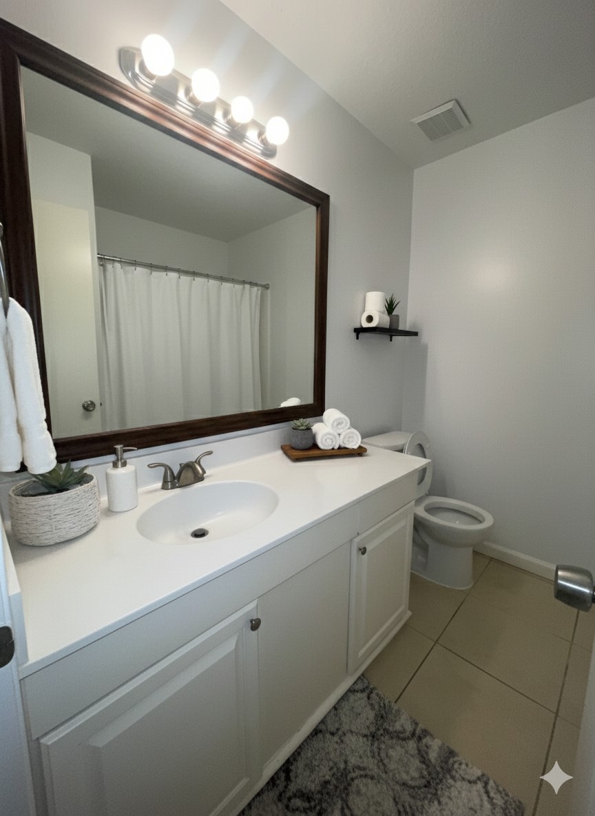 9506 Riverside Lodge Drive Houston, TX 77083 - Photo 12 of 16 a bathroom with a sink and a mirror