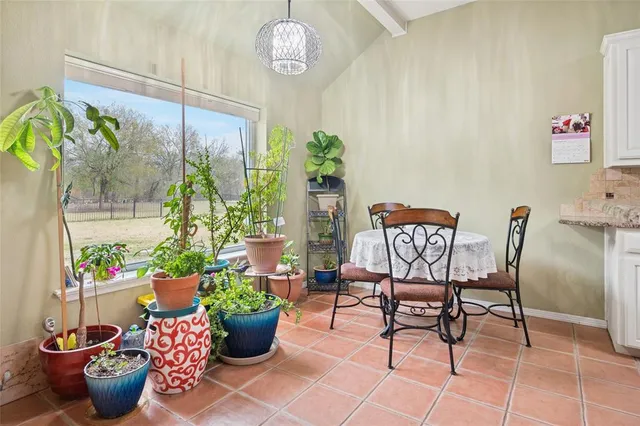 a dining room with furniture and a potted plant