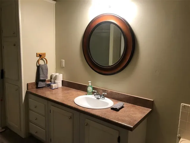 a bathroom with a sink and a mirror