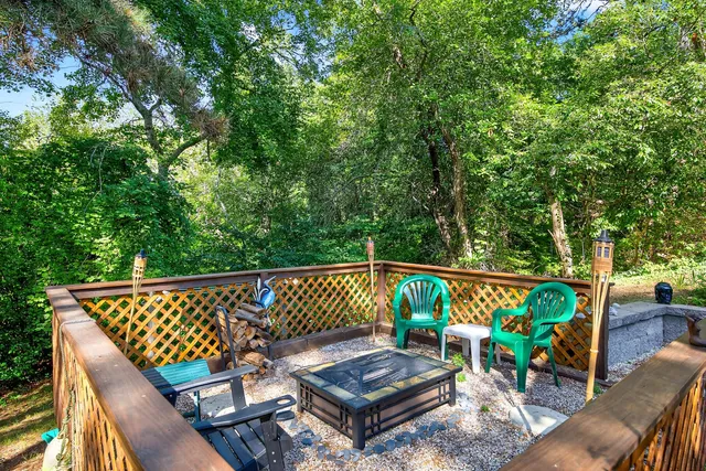 an outdoor space with seating area