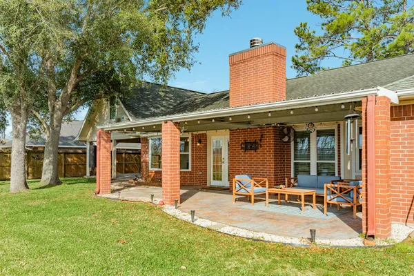 front view of a house with a patio