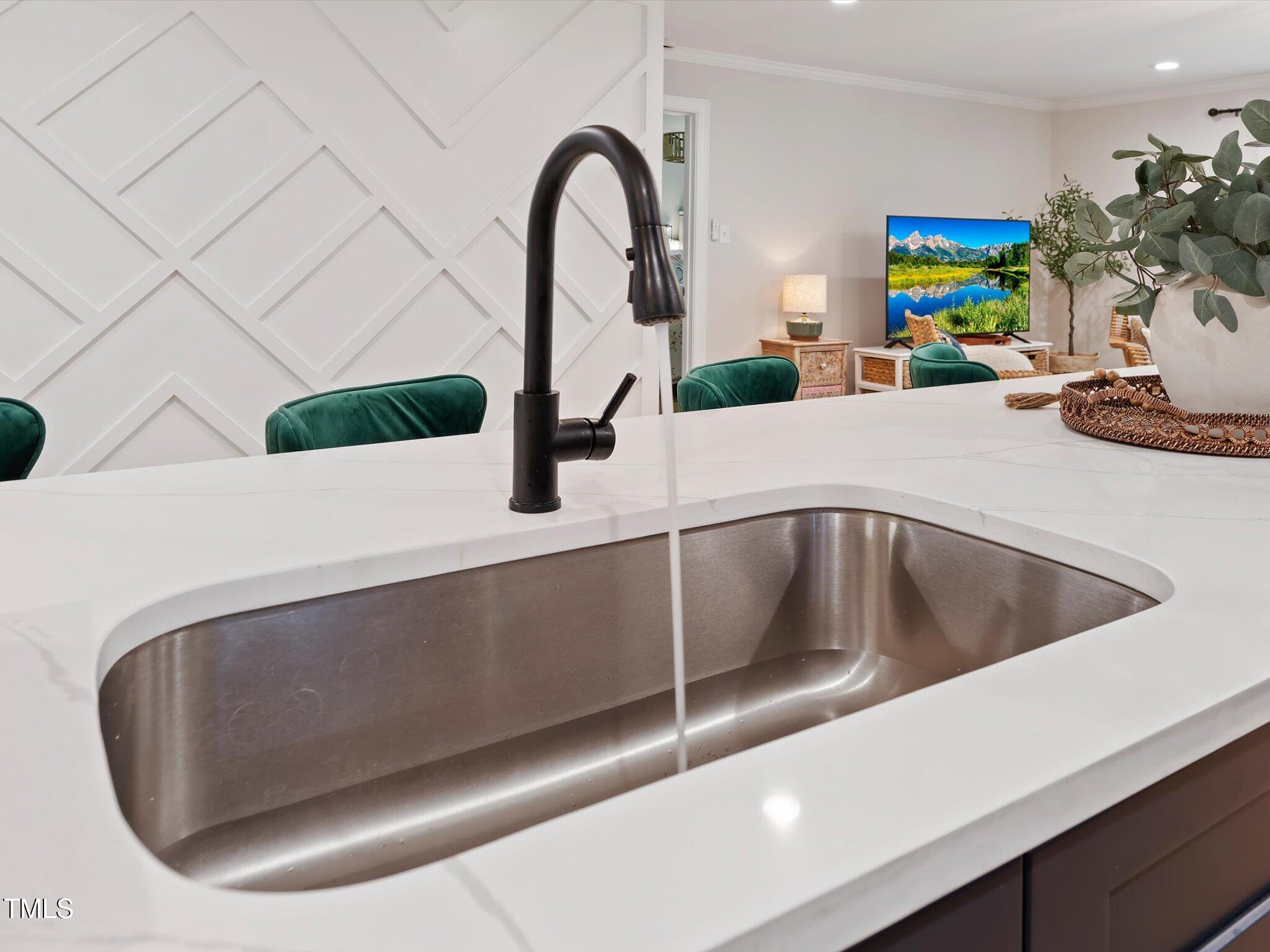 3320 High Gate Road Raleigh, NC 27603 - Photo 12 of 40 Large, deep stainless steel sink in island and the custom crafted wood trimmed wall