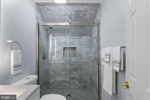 a bathroom with a shower and toilet