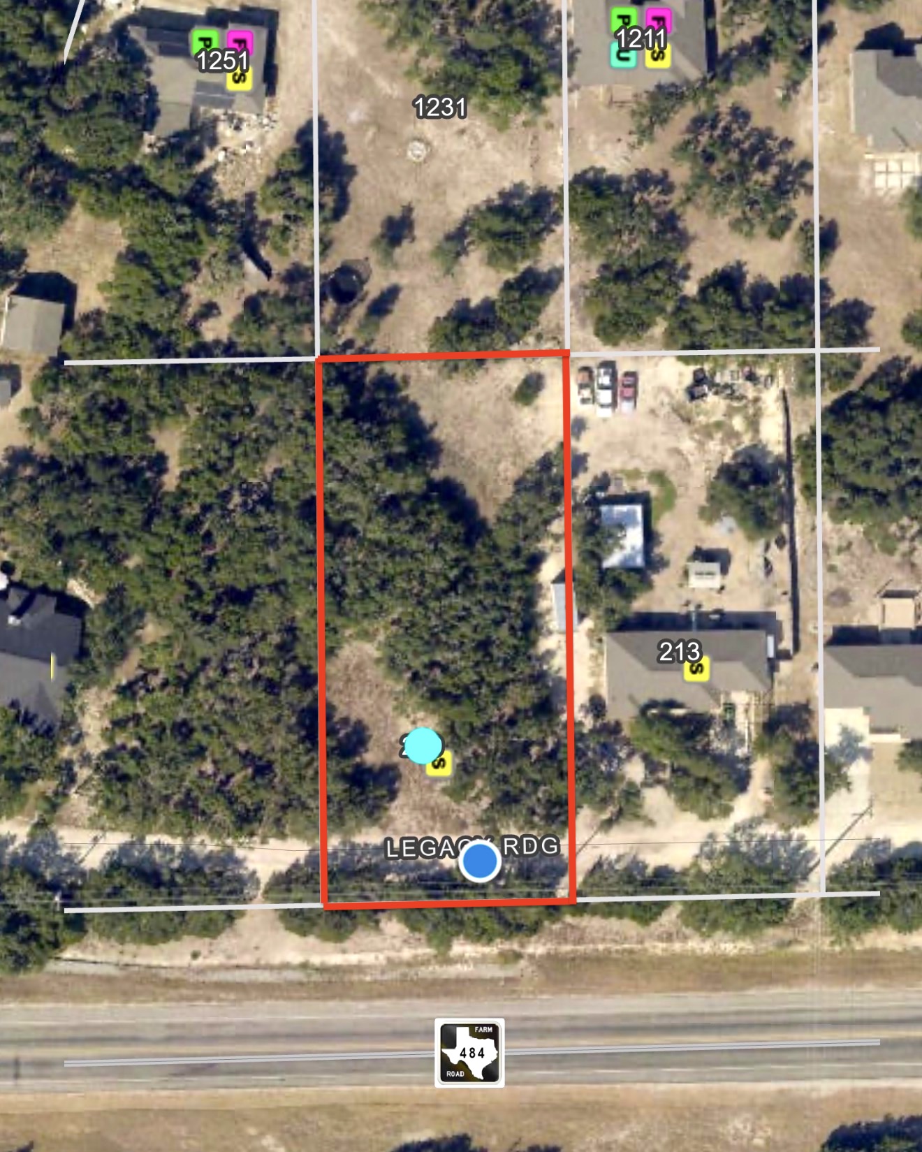 209 Legacy Ridge Canyon Lake, TX 78133 - Photo 2 of 12 Aerial map of property and surrounding area featuring property parcel outlined