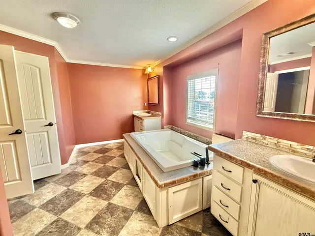 a bathroom with a sink double vanity and a mirror