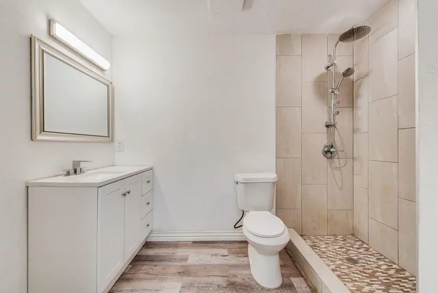 a bathroom with a toilet a sink a shower and mirror