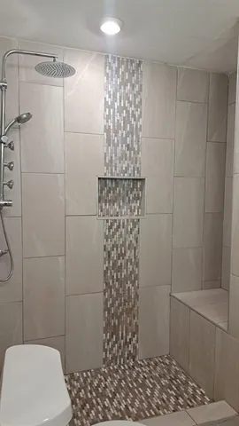a bathroom with a shower and a toilet