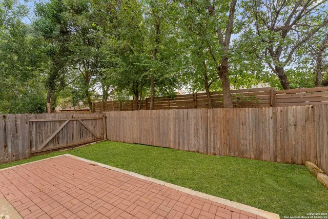 a view of backyard with wooden fence and a large tree
