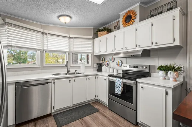 a kitchen with a refrigerator and a sink