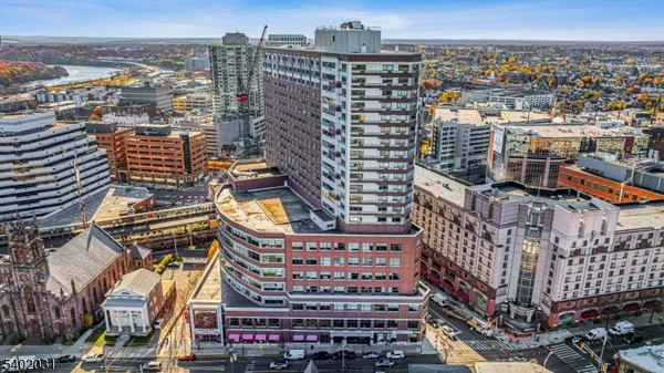 a city view with tall buildings