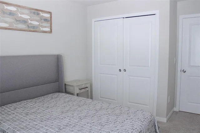 a bedroom with a bed and a closet