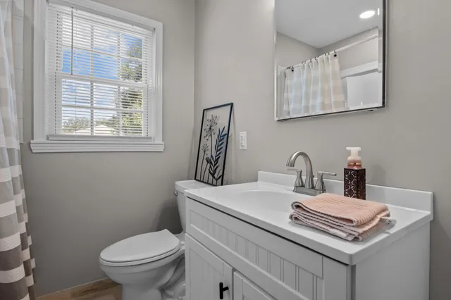 a bathroom with a toilet sink and mirror