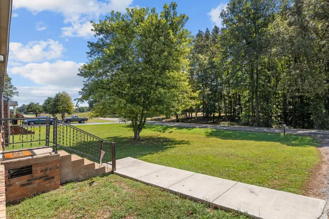 a view of a swimming pool with a yard