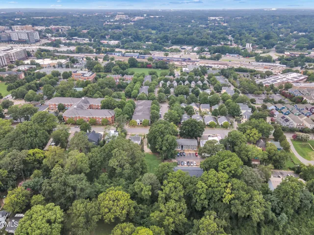 an aerial view of residential houses with city and green space
