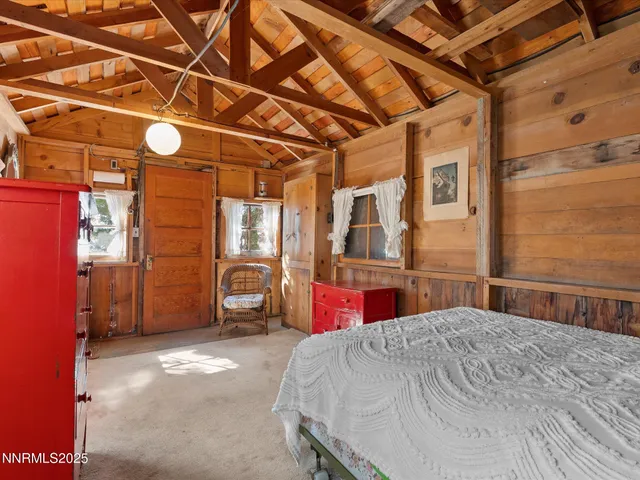 a view of a yard with plants and trees