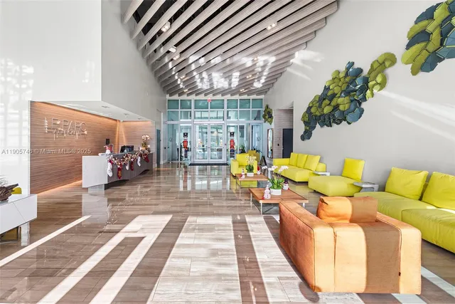 a front view of a multi story building