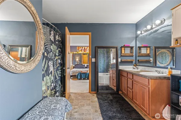 a bathroom with a sink a mirror and a shower