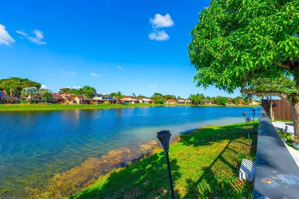 a view of a lake with a big yard