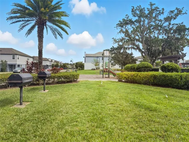 a view of a garden with a slide