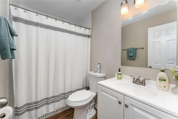 a bathroom with a sink a toilet and shower curtain