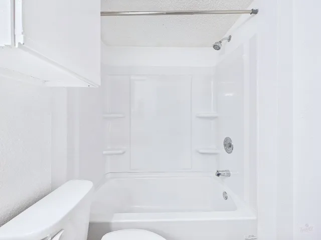 a bathroom with a bathtub and a toilet