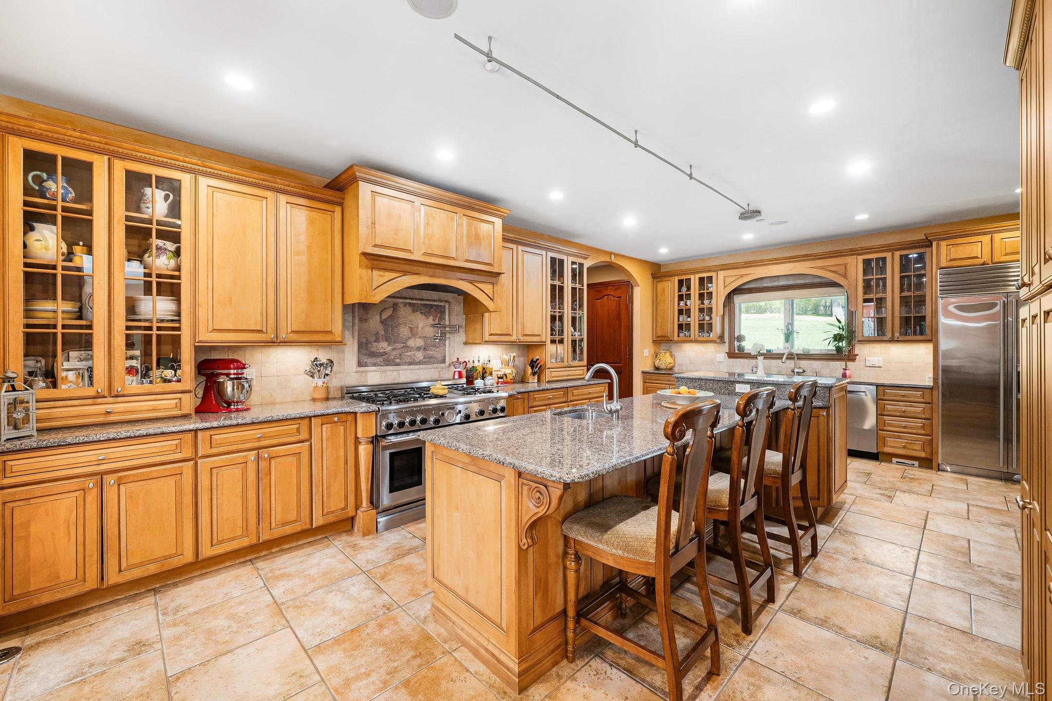 33 Winding Rd Farm Ardsley, NY 10502 - Photo 7 of 50 Kitchen featuring high quality appliances, arched walkways, recessed lighting, a center island with sink, and light stone countertops