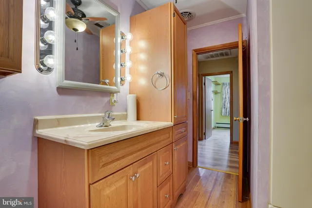 a bathroom with a sink vanity and a mirror