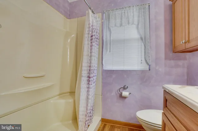 a bathroom with a sink a toilet and shower curtain