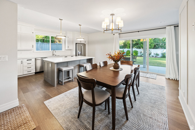 1774 Country Club Drive Logan, UT 84321 - Photo 7 of 28 Open-concept kitchen and dining area featuring wood-finish flooring, white cabinetry, a kitchen island with seating, stainless steel appliances, and sliding glass doors opening to the backyard