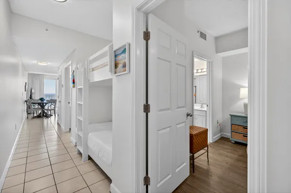 a view of a hallway view with living room