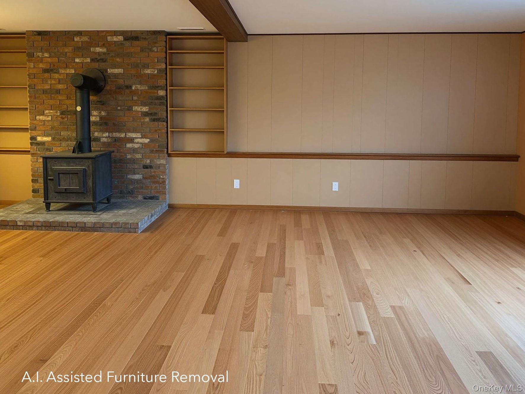 94 Booth Road Chester, NY 10918 - Photo 14 of 21 Wood-burning stove with a brick surround and hearth, flanked by built-in shelving units