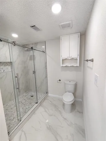 a bathroom with a shower a toilet and a sink