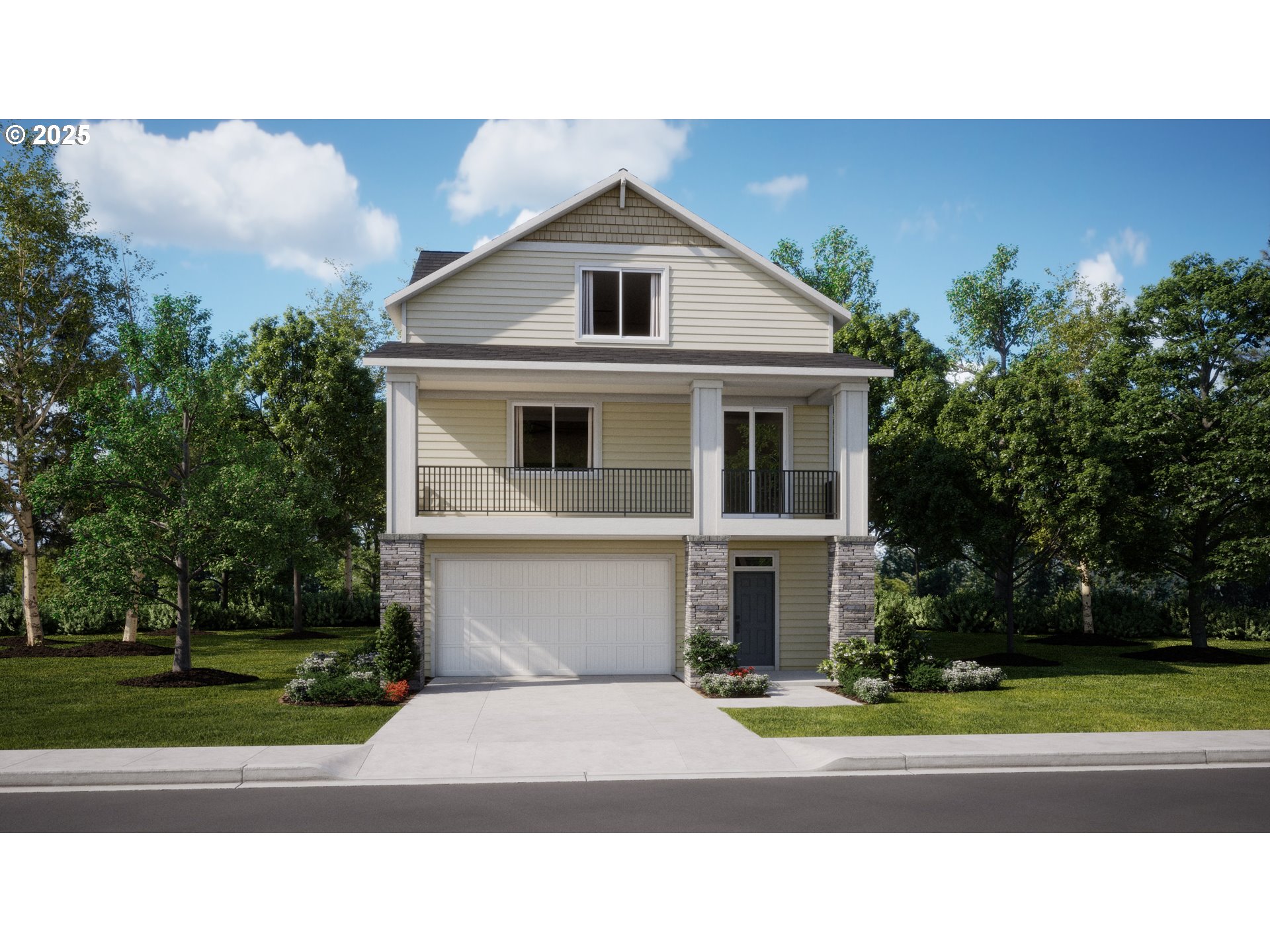 a picture of a house with a yard and potted plants