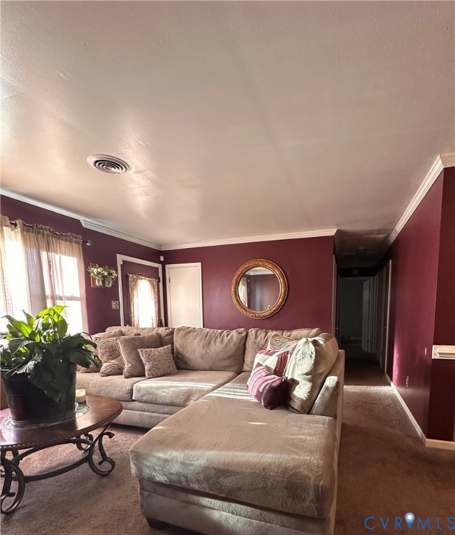 4018 Norborne Road Richmond, VA 23234 - Photo 2 of 15 Carpeted living room with crown molding and basebo