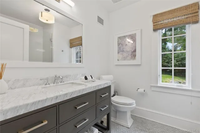 a bathroom with a granite countertop toilet a sink a mirror a window and shower
