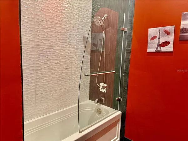 a bathroom with a bathtub