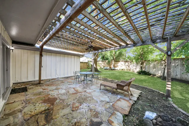 a garden view with a seating space