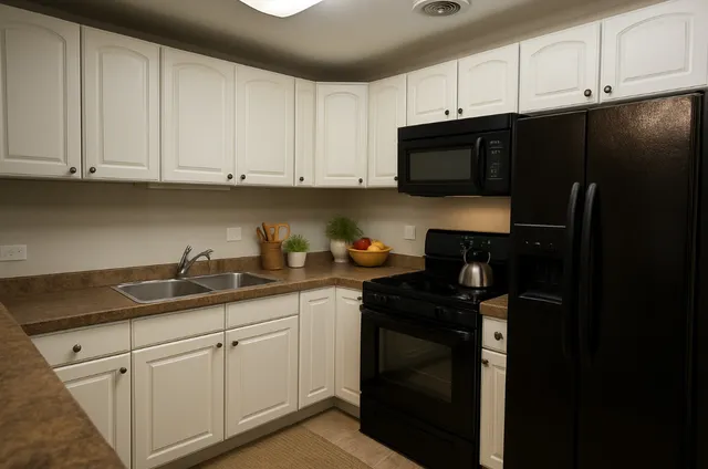 a kitchen with granite countertop white cabinets and black appliances