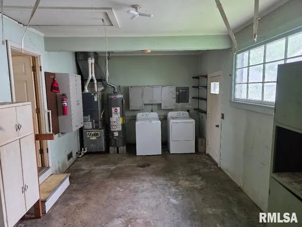 a storage room with cabinets