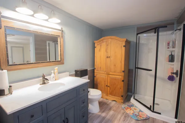 a bathroom with a sink a toilet and a mirror