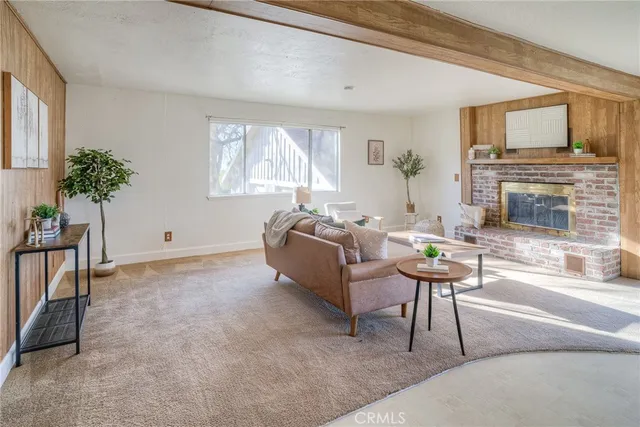 a living room with furniture a fireplace and a potted plant