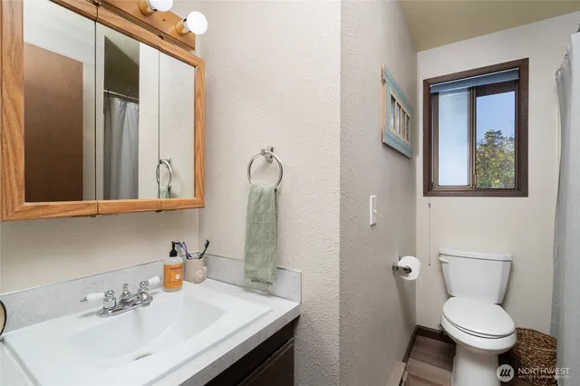 a bathroom with a sink toilet and mirror