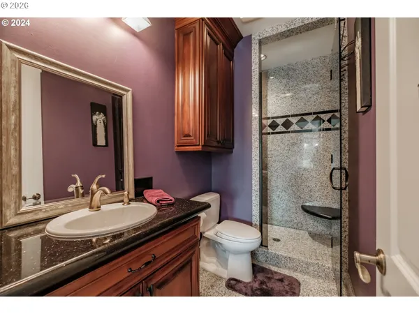 a bathroom with a granite countertop sink toilet and shower