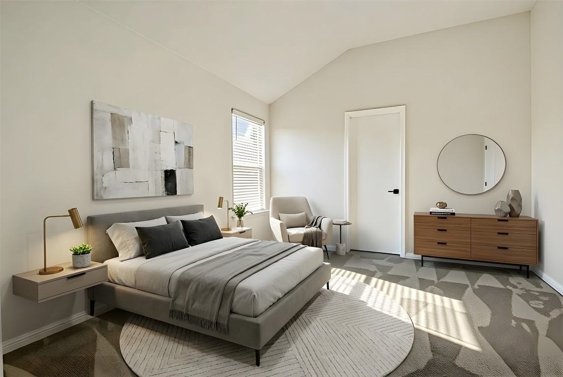 167 Hay Meadow Road Cedar Creek, TX 78612 - Photo 18 of 39 Virtually staged - Primary bedroom featuring vaulted ceiling and dark carpet