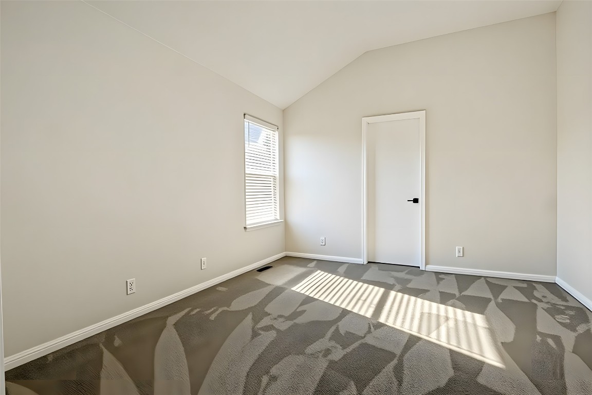 167 Hay Meadow Road Cedar Creek, TX 78612 - Photo 19 of 39 Primary bedroom featuring vaulted ceiling and dark carpet