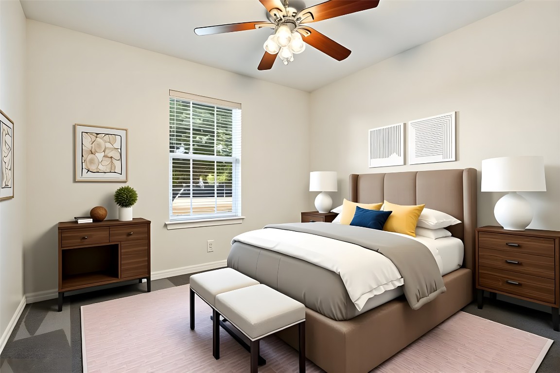 167 Hay Meadow Road Cedar Creek, TX 78612 - Photo 23 of 39 Virtually staged - Bedroom #2 featuring a ceiling fan, dark carpet and a ceiling fan