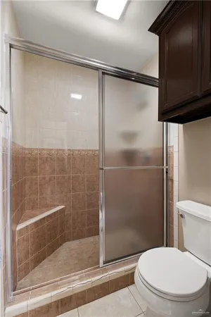 a bathroom with a shower and a toilet