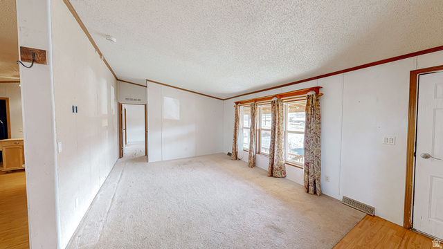 718 South State Street Genola, UT 84655 - Photo 14 of 19 Spacious living area featuring light-toned carpeting and multiple windows with valances