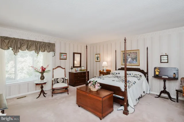 a bedroom with a bed and a table