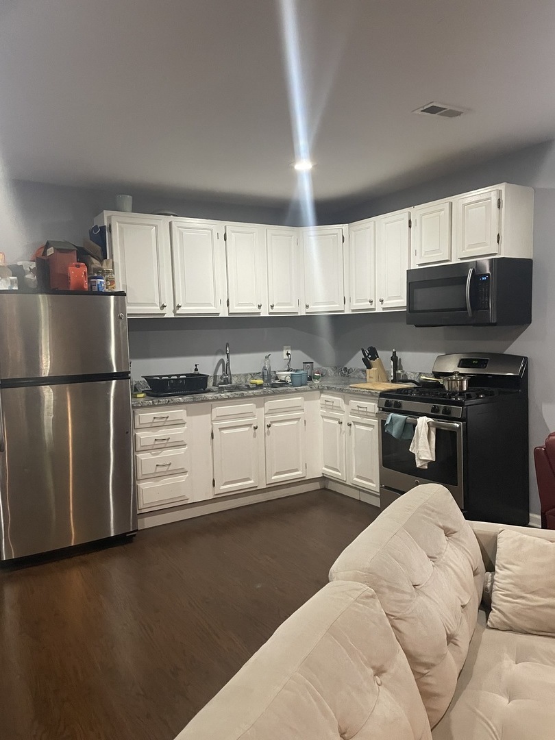 1014 West 19th Street, Unit 2F Chicago, IL 60608 - Photo 2 of 3 a kitchen with stainless steel appliances granite countertop a refrigerator sink and cabinets